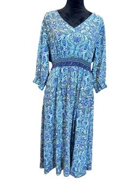 BloomChic Blue Green Paisley V-Neck Long Sleeve Midi Dress Size XL 14-16